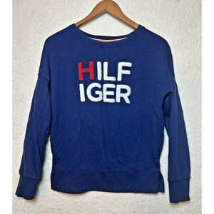 TOMMY HILFIGER Sweater Womens‎ Sz S Tunic Logo Puff Spellout Y2K Academia